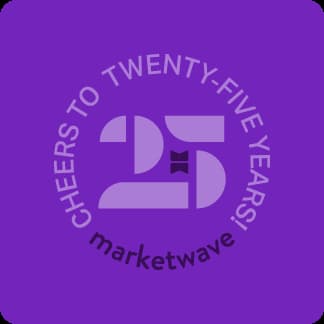 A purple circle with the words cheers to twenty five years