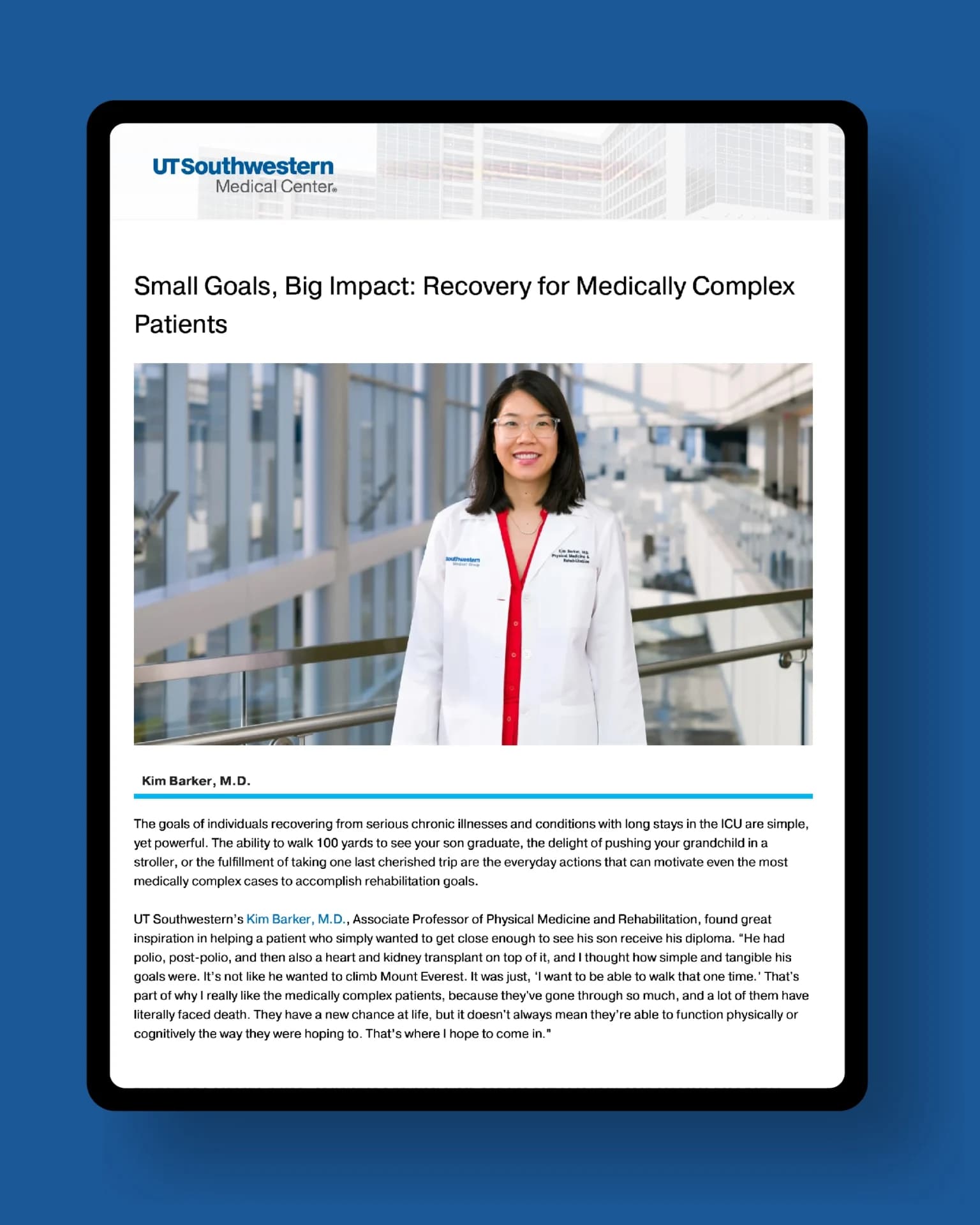 tablet displaying a woman in a lab coat