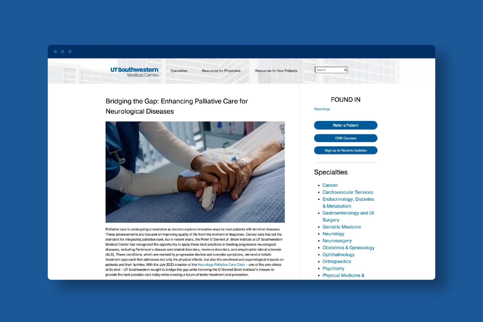 web page with a picture of a person in a hospital bed