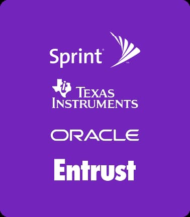 A purple circle with the words "sprint" and "Texas Instruments Oracle