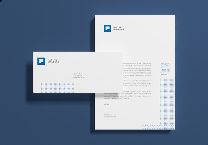 A blue and white letterhead and envelope