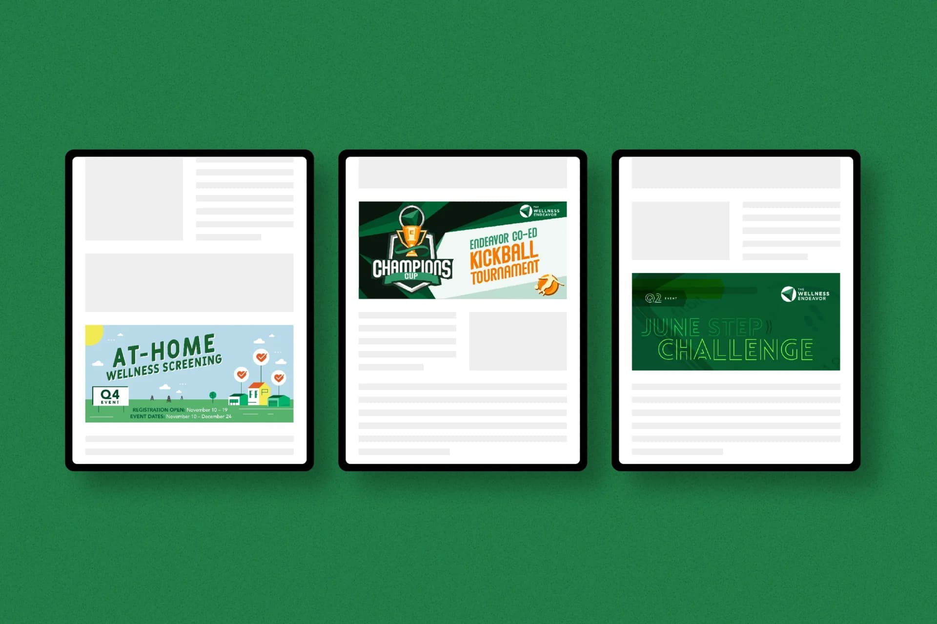 a green background with three different business cards