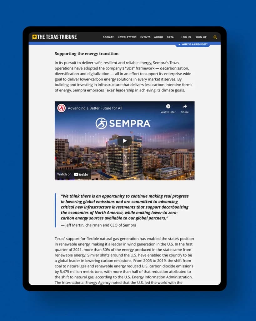 The Sempra website is being displayed on a tablet
