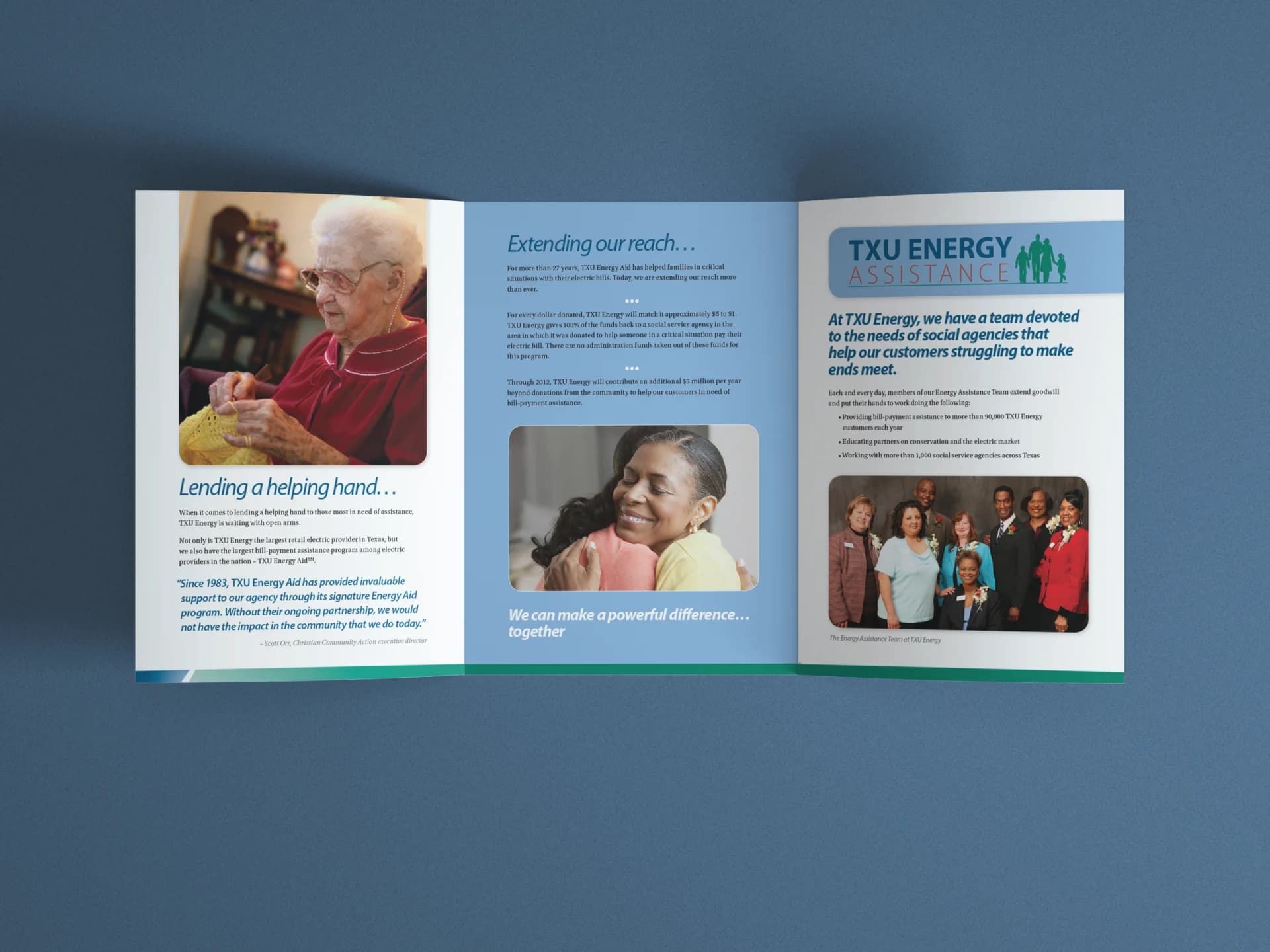 A blue brochure featuring a picture of an elderly person