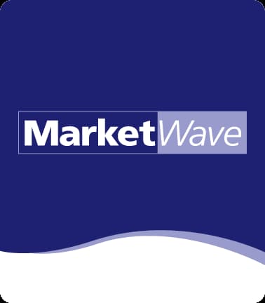 The Market Wave logo is displayed on a blue background