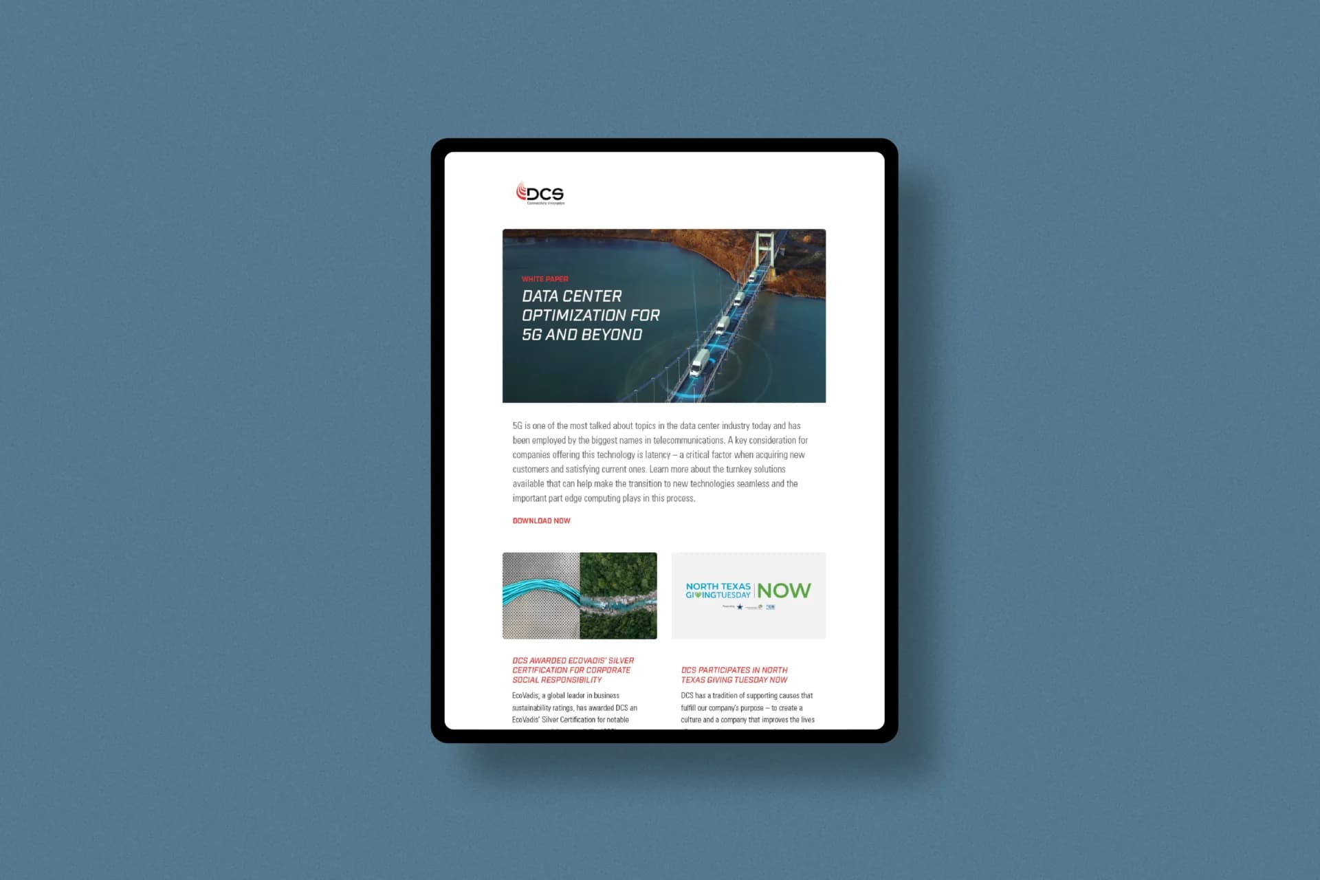 A tablet displaying a blank website page