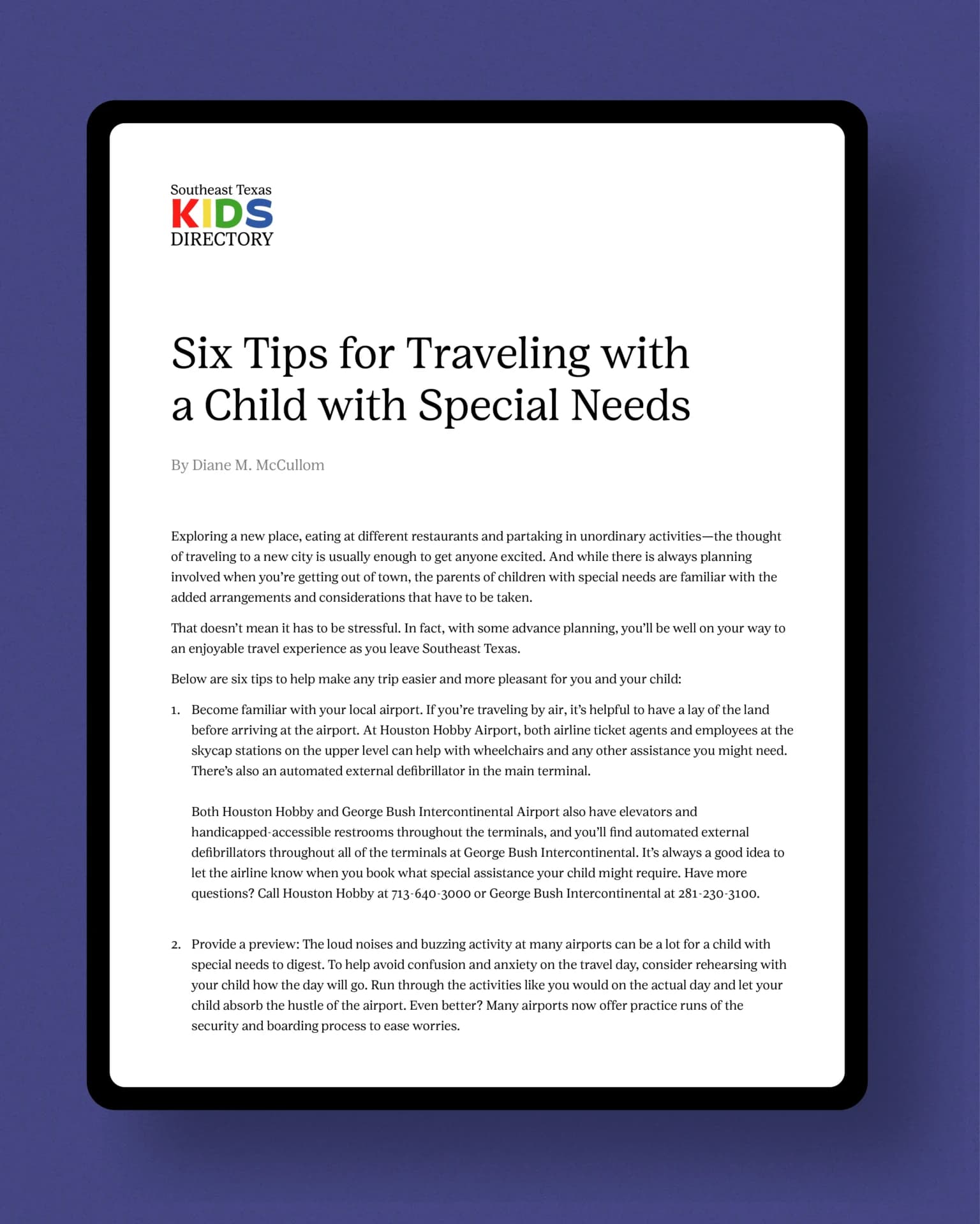 A tablet displaying six tips for traveling with a child with special needs