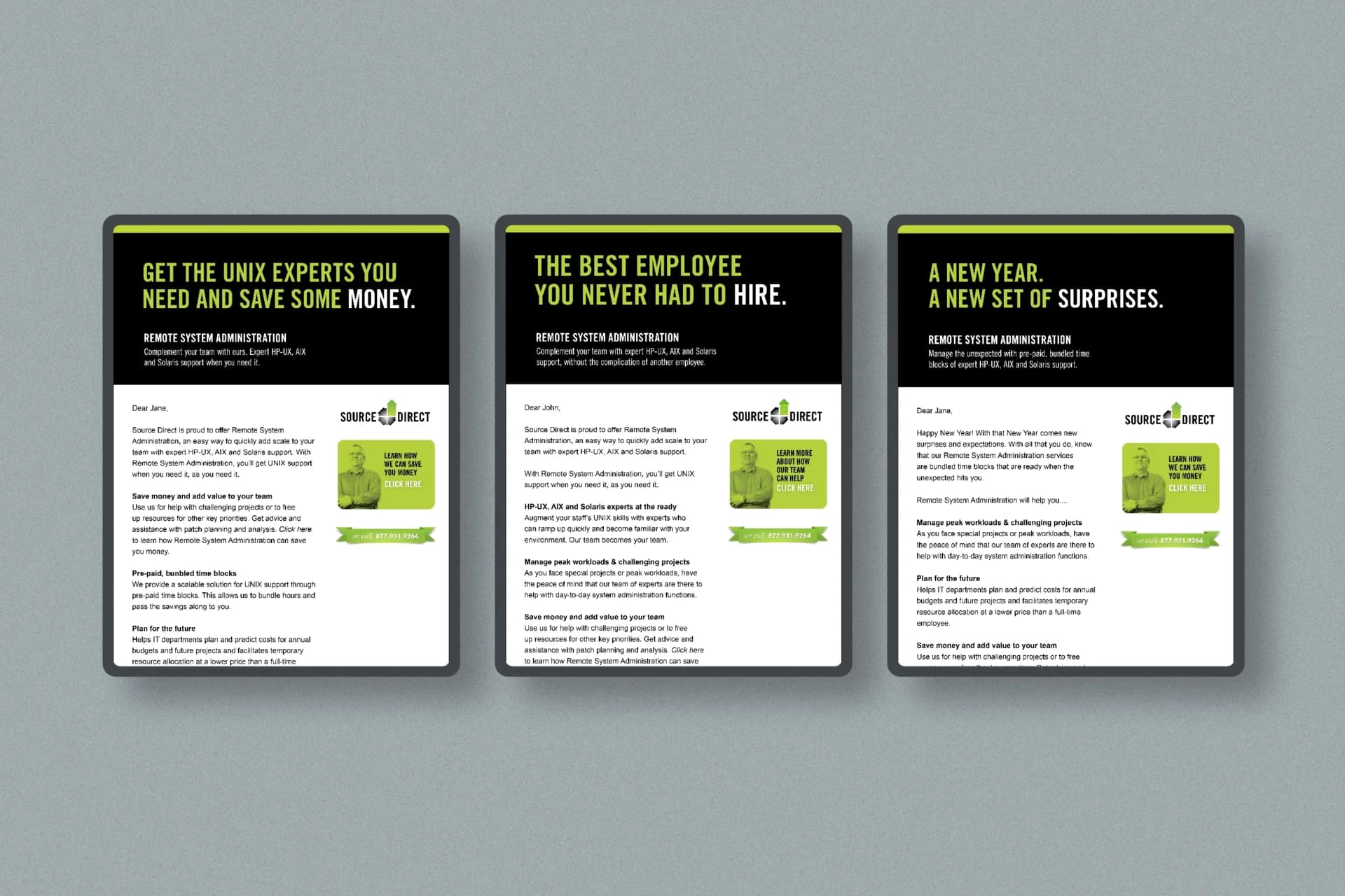 Three black and white flyers with green accents for your next event promotion