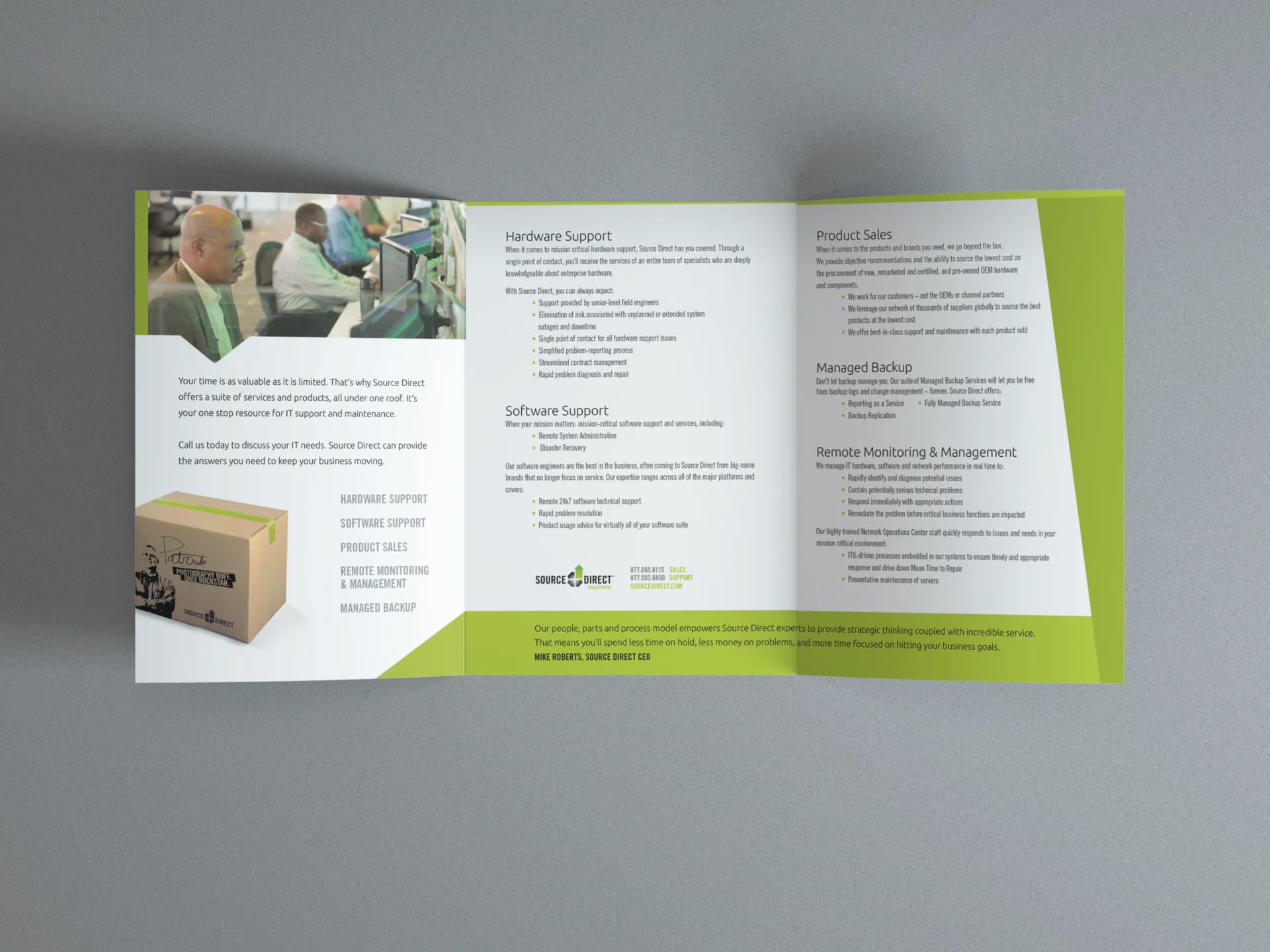 A brochure featuring a box illustration