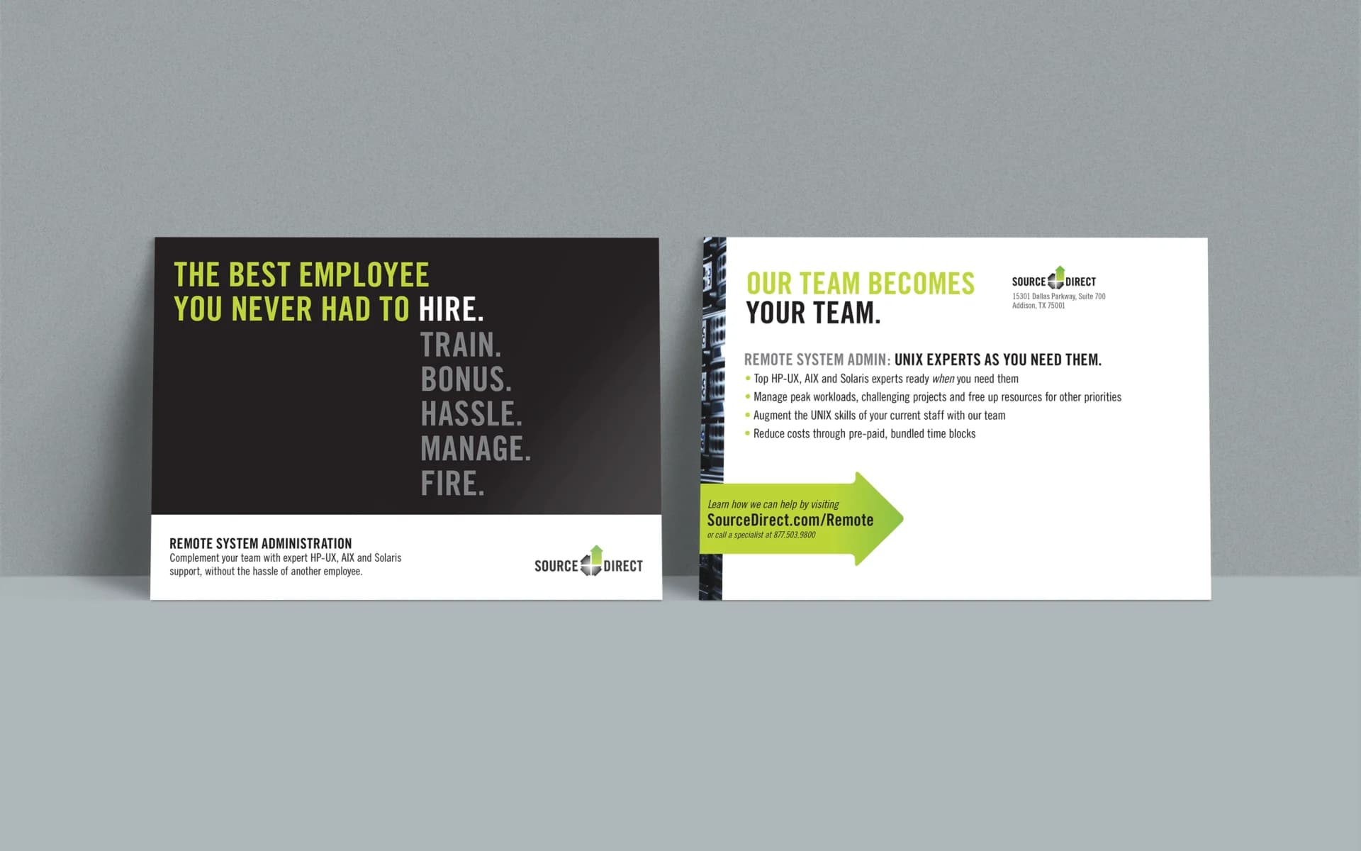 A black and white business card featuring a green arrow